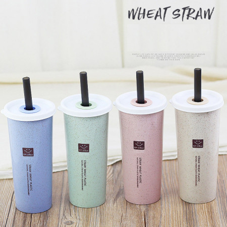 450ML Wheat Straw Double Cover Tape Sucker Leakage Cup, Green Gifts, promotional gifts